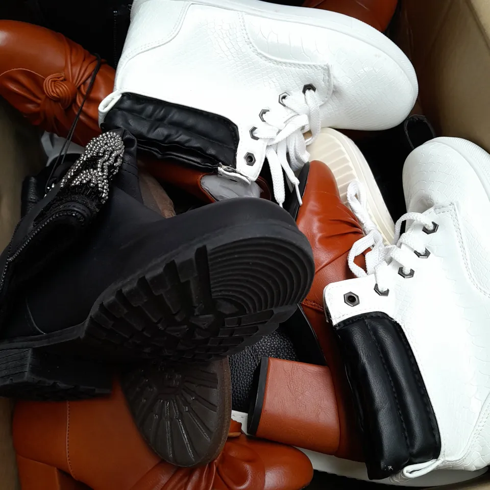 BOX OF APPROXIMATELY 10 ASSORTED PAIRS OF SHOES IN VARIOUS SIZES, COLOURS AND STYLES