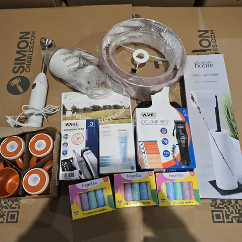 BOX OF APPROXIMATELY 10 ASSORTED HOUSEHOLD ITEMS TO INCLUDE - TOILET ROLL HOLDER, CHALKS, AND DINING MUGS ETC.