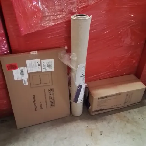 PALLET OF ASSORTED HOUSEHOLD GOODS AND PRODUCTS TO INCLUDE;AREA RUG,BARBER POLE,PICTURE FRAME 