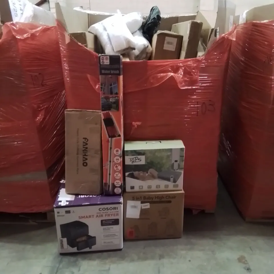 PALLET CONTAINING VARIOUS ASSORTED BOXED HOUSEHOLD ITEMS TO INCLUDE: SMART AIR FRYER, HEATED THROW, BABY HIGH CHAIR,  HEAVY DUTY CLOTHES RACK AND LOTS MORE UNMARKED BOXED ITEMS 