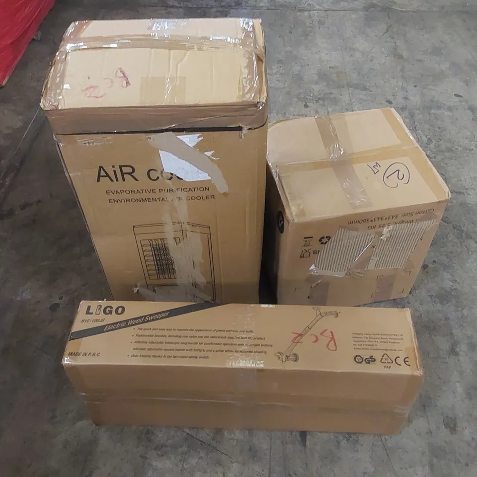PALLET OF ASSORTED HOUSEHOLD ITEMS AND CONSUMER PRODUCTS TO INCLUDE; PRESSURE WASHER, ELECTRIC WEED SWEEPER, AIR COOLER, PRESSURE WASHER ETC