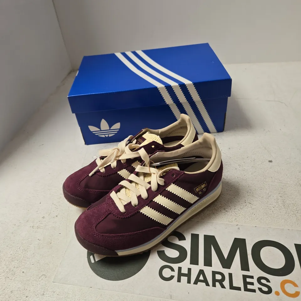 ADIDAS ORIGINALS SL 72 RS J TRAINERS – UK 4.5 (EU 37 1/3; US 5) – MAROON SUEDE WITH CREAM STRIPES