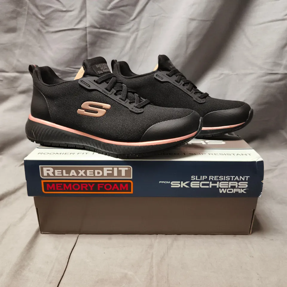 BOXED PAIR OF SKECHERS SHOES IN BLACK/ROSE GOLD SIZE UK 4