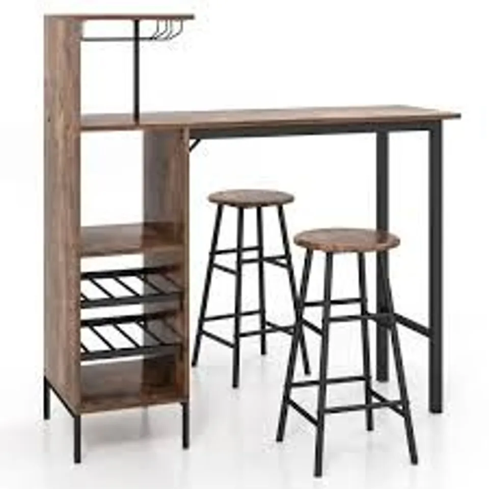 BOXED COSTWAY 3PCS BAR TABLE CHAIR SET INDUSTRIAL DINING TABLE STOOLS W/ GLASS HOLDERS & WINE RACKS - COFFEE