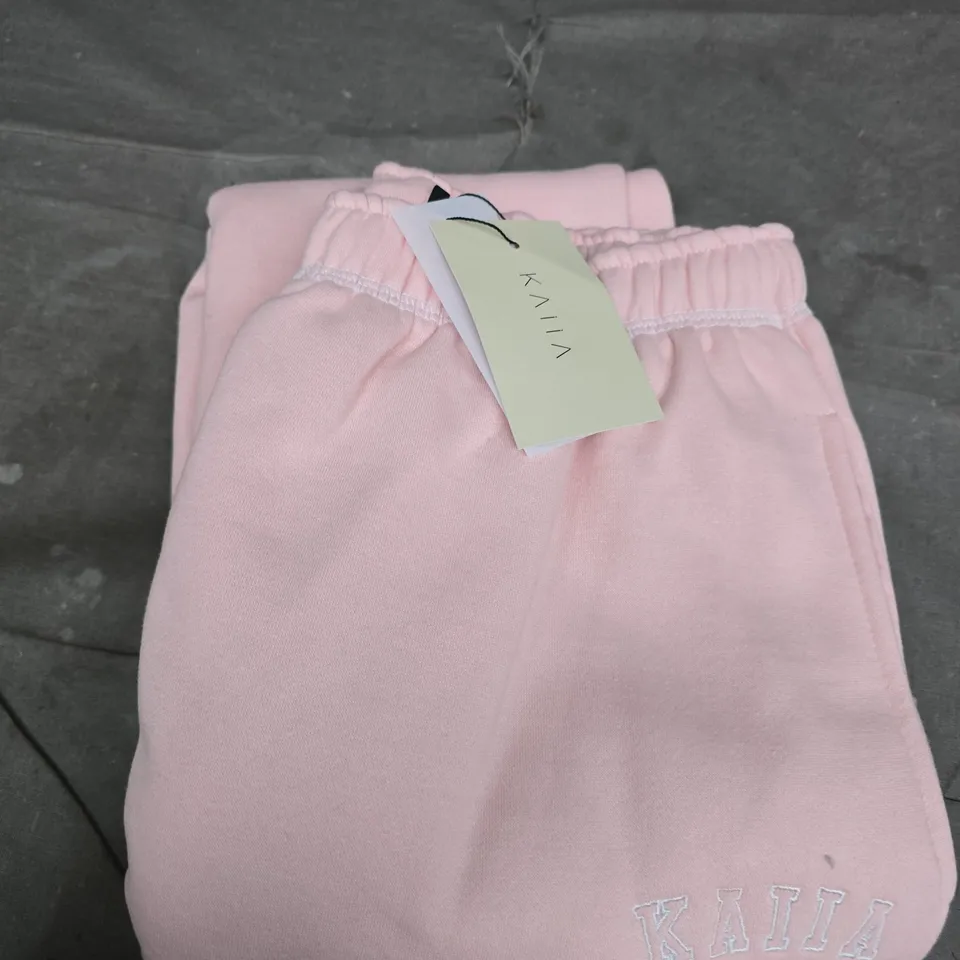 KAIIA PINK & WHITE SIDE SLOGAN CONTRAST STITCH WIDE-LEG JOGGERS, UK SIZE 8