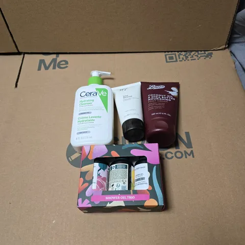APPROXIMATELY 18 ASSORTED COSMETIC ITEMS TO INCLUDE CERA VE CLEANSER, NO 7 TOTAL RENEWAL, BOOTS FOOT CREAM, THE BODY SHOP SHOWER GEL TRIO MIN SET ETC