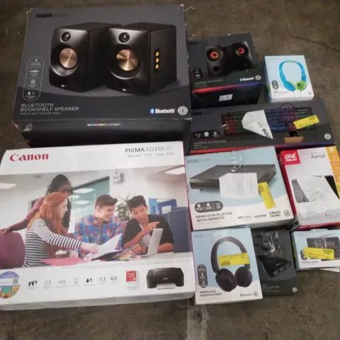 PALLET CONTAINING ASSORTED ELECTRICAL PRODUCTS INCLUDING CANON PIXMA TS3350 PRINTER, BLUETOOTH BOOKSHELF SPEAKER, GAMING KEYBOARD, HDMI DVD PLAYER,  HEADPHONES & AERIAL