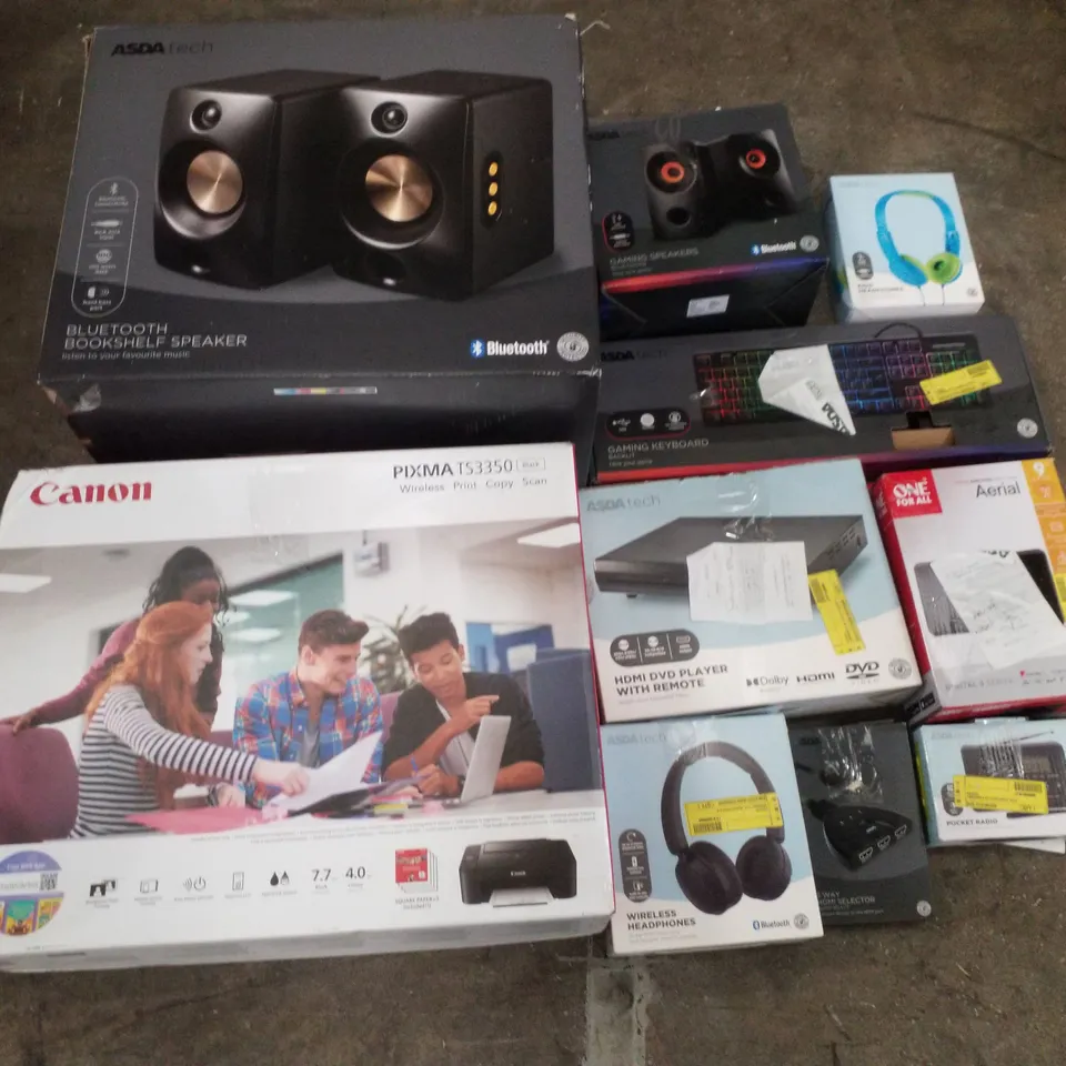 PALLET CONTAINING ASSORTED ELECTRICAL PRODUCTS INCLUDING CANON PIXMA TS3350 PRINTER, BLUETOOTH BOOKSHELF SPEAKER, GAMING KEYBOARD, HDMI DVD PLAYER,  HEADPHONES & AERIAL