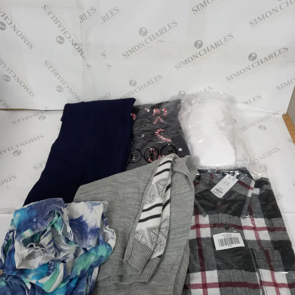 LARGE BOX OF ASSORTED CLOTHING ITEMS IN VARIOUS COLOURS AND SIZES INCLUDING TROUSERS , TOPS AND JUMPERS 
