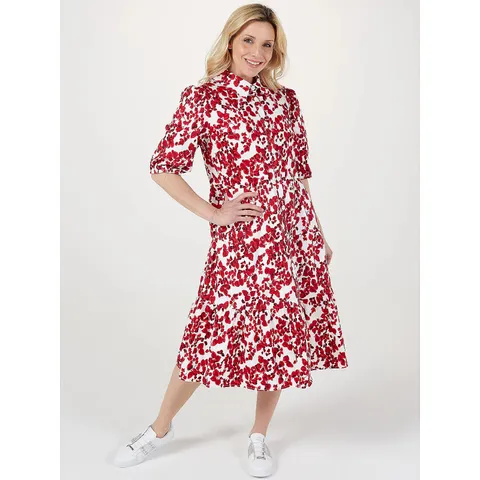 HELENE BERMAN TIERED SHIRT DRESS IN RED - SIZE 14