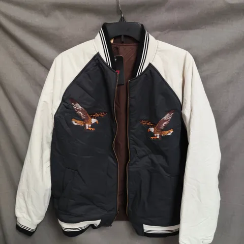 LEVI'S REVERSIBLE BOMBER JACKET – BLACK & IVORY, EAGLE EMBROIDERY, SIZE M