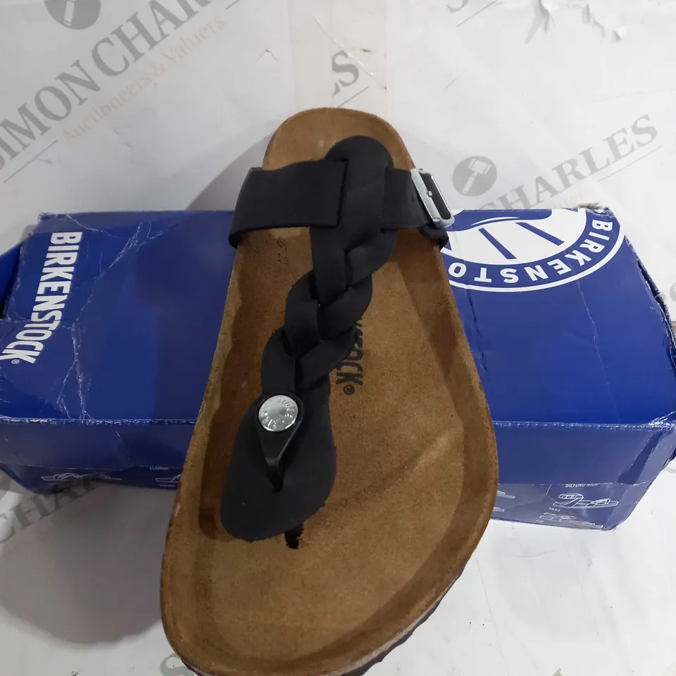 BOXED BIRKENSTOCK GIZEH BRAIDED LEOI SANDALS, BLACK - SIZE 7