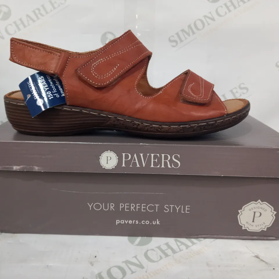BOXED PAIR OF PAVERS OPEN TOE VELCRO STRAP LOW WEDEGE HEEL SANDALS IN BURNT SIENNA COLOUR SIZE 7