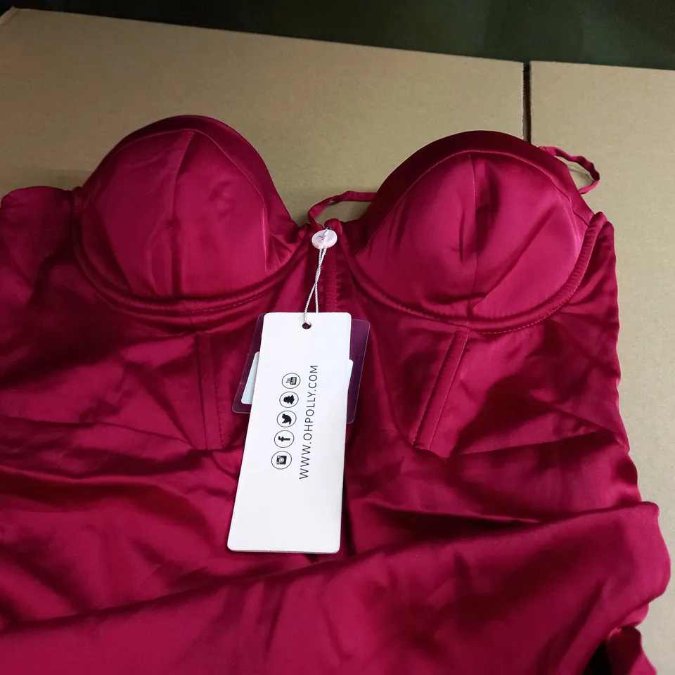 OH POLLY RED SATIN RUCHED MINI DRESS - SIZE 10