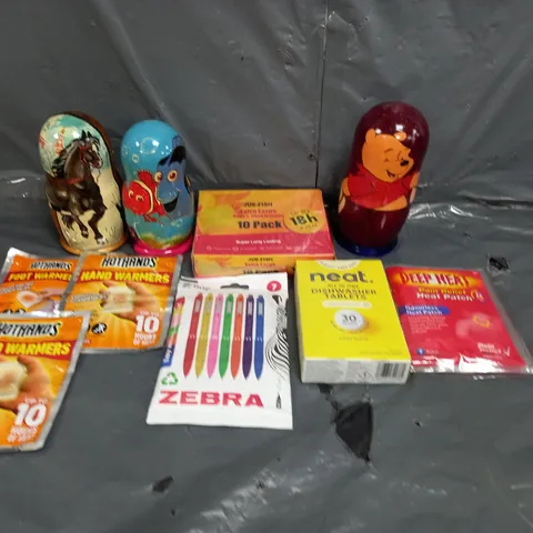 BOX OF ASSORTED HOUSEHOLD ITEMS TO INCLUDE DEEP HEAT, DISHWASHER TABLETS AND ZEBRA PENS