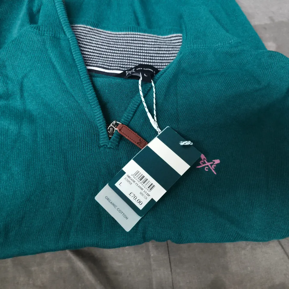 CREW CLOTHING CO. TEAL ORGANIC COTTON ZIP JUMPER – UK LARGE