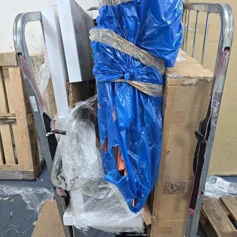 UNIDENTIFIED FURNITURE COMPONENTS ON WHEELED TROLLEY DAMAGED AND BROKEN BITS WITH MISSING PARTS . FULL CAGE 