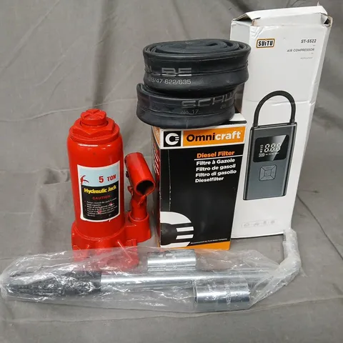 APPROXIMATELY 8 ASSORTED VEHICLE PARTS & ACCES'SORIES TO INCLUDE OMNICRAFTS DIESEL FILTER, 5 TON HYDRAULIC JACK, AIR COMPRESSOR, ETC - COLLECTION ONLY