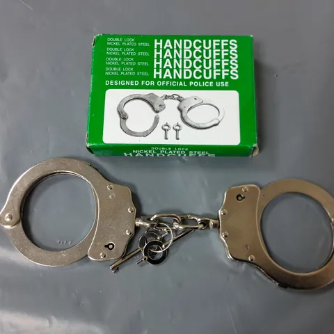 BOXED DOUBLE LOCK NICKEL PLATED STEEL HANDCUFFS