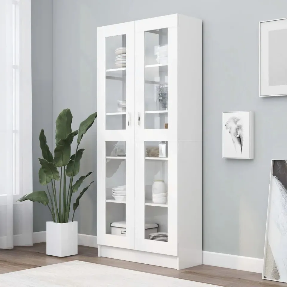 BOXED HIGH GLOSS WHITE VITRINE CABINET 82.5×30.5×185.5CM ENGINEERED WOOD
