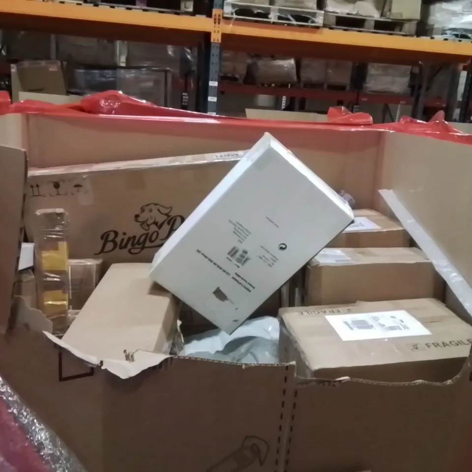 PALLET OF ASSORTED HOUSEHOLD GOODS AND PRODUCTS TO INCLUDE;SUITCASE,BATHROOM SET,CEILING FAN