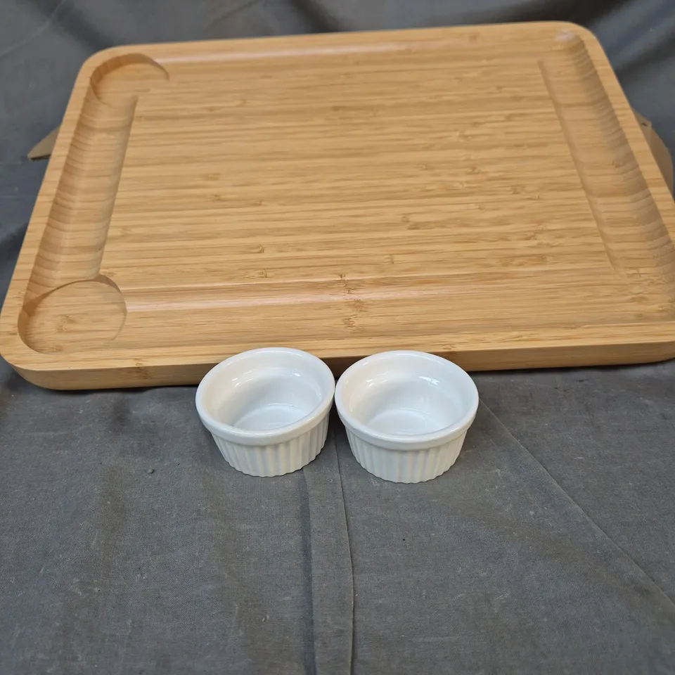 SO WOOD BAMBOO SERVING TRAY WITH 2 WHITE RAMEKINS