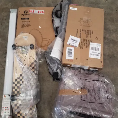 PALLET CONTAINING ASSORTED PRODUCTS INCLUDING SKATEBOARD, ROLLER BLIND, TOILET SEAT, SIDE TABLE & CRUTCHES 