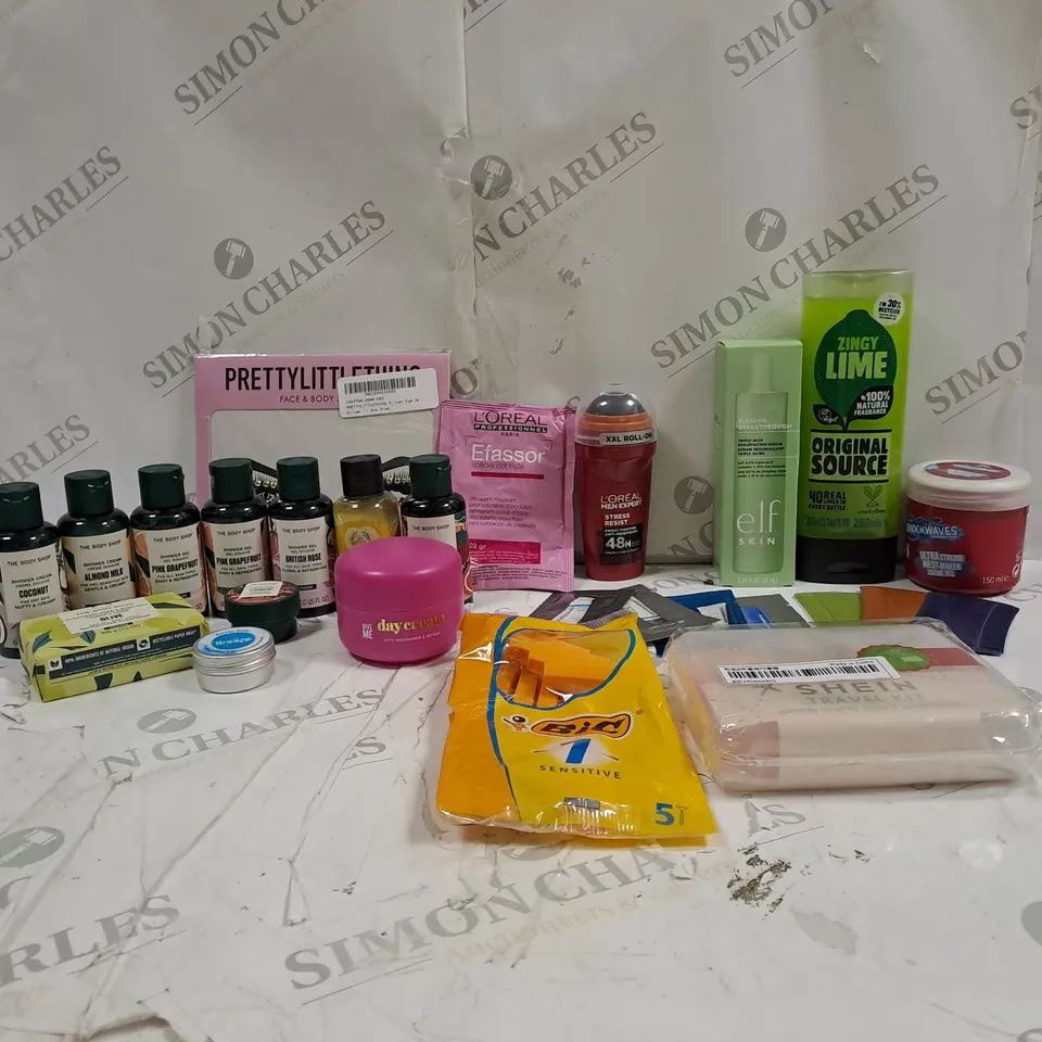 BOX OF 20 ASSORTED ITEMS TO INCLUDE ELF, LOREAL, BIC ETC 