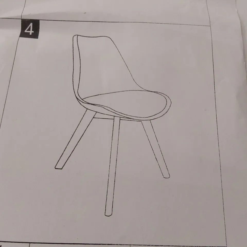 BOXED SET OF 4 GREY PLASTIC DINING CHAIRS WITH PADDED SEATS AND WOODEN LEGS (1 BOX)