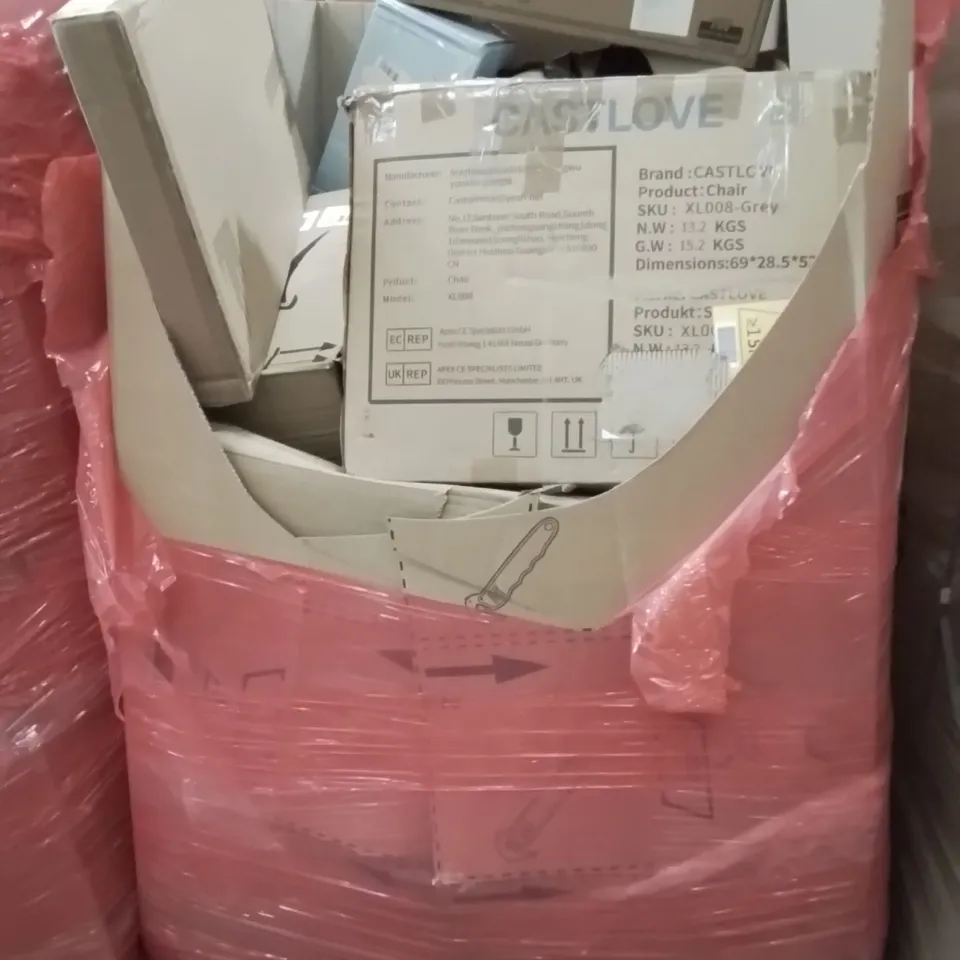 PALLET CONTAINING VARIOUS ASSORTED BOXED HOUSEHOLD ITEMS TO INCLUDE: DINING CHAIRS, REALISTIC BABY DOLL, CORDLESS WEED SWEEPER AND LOTS MORE UNMARKED BOXED ITEMS 