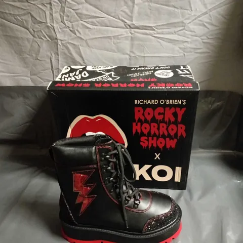 KOI X ROCKY HORROR SHOW BOOTS – BLACK LEATHER, GLITTER TOE, RED SOLE, UK 5