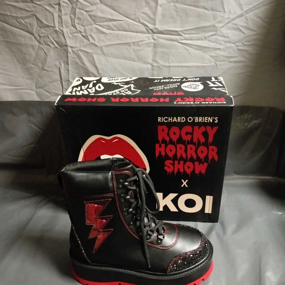 KOI X ROCKY HORROR SHOW BOOTS – BLACK LEATHER, GLITTER TOE, RED SOLE, UK 5