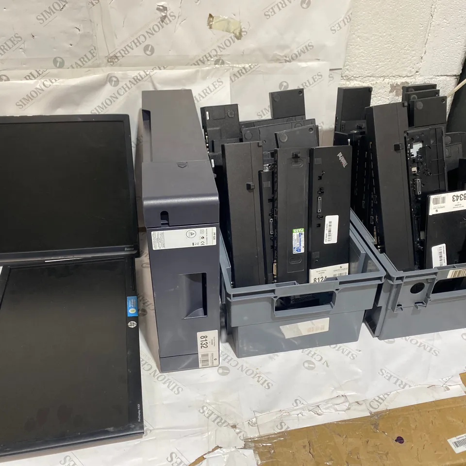 ASSORTED ITEMS TO INCLUDE APPROXIMATELY 20 X LENOVO THINKPAD DOCK, TWO MONITORS,KYOCERA PF-520 PAPER TRAY- COLLECTION ONLY