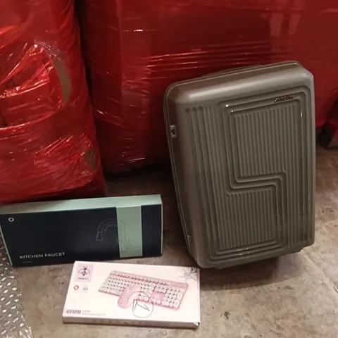 PALLET OF ASSORTED ITEMS INCLUDING - KITCHEN FAUCET, WIRELESS KEYBOARD, SUITCASE 