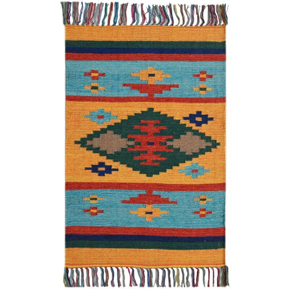 BOXED COUNTRY HANDMADE KILLIM COTTON ORANGE/BLUE/RED RUG