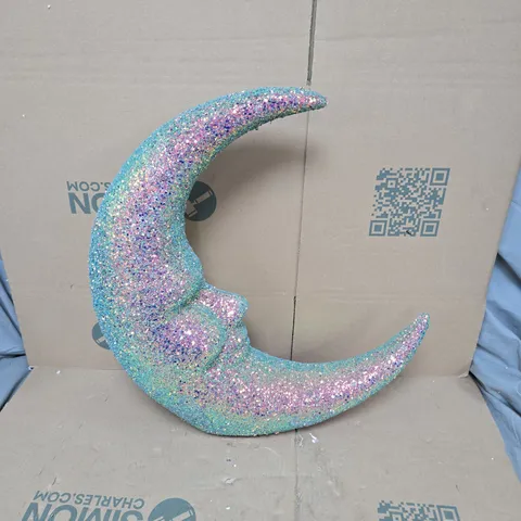 2 GISELA GRAHAM MULTICOLOURED GLITTER POLY MOON FACE ORNAMENTS