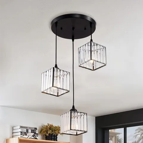 BOXED BLACK SQUARE 3-HEAD CRYSTAL BAR CHANDELIER