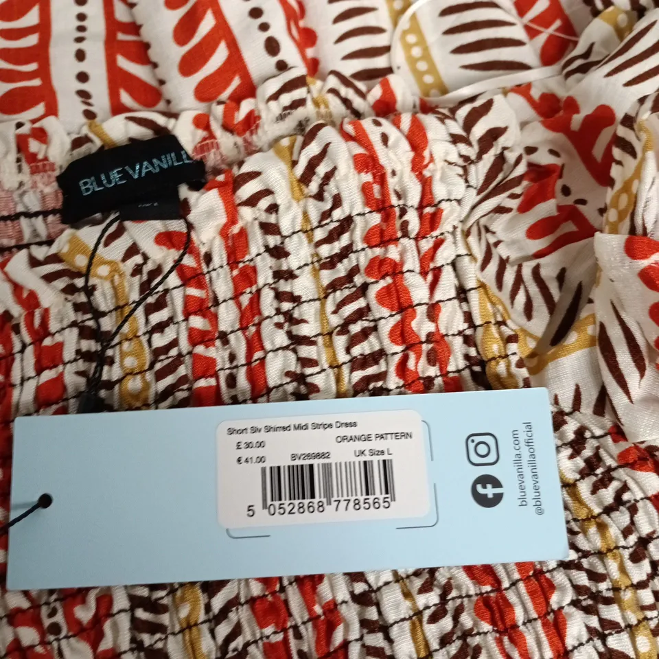 BLUE VANILLA ORANGE PATTERN SHIRT MIDI STRIPE DRESS – UK SIZE L