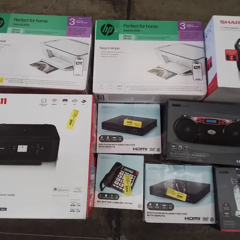 PALLET OF ASSORTED TECH ITEMS TO INCLUDE HP DESKJET PRINTERS, SHARP SPEAKERS, GAMING HEADSET AND DVD PLAYER