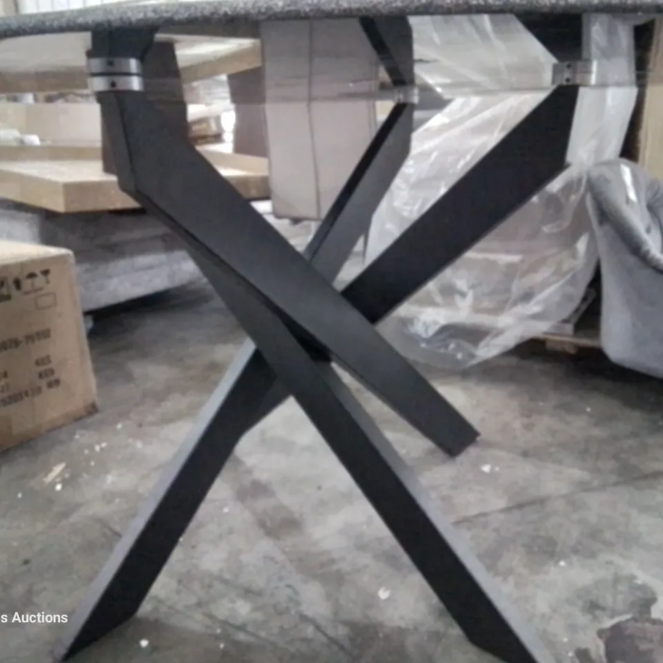 DESIGNER CIRCULAR COMPOSITE DINING TABLE ON BLACK WOOD X SUPPORTS 