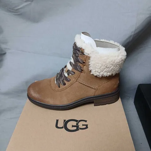 UGG HARRISON COZY LACE BOOTS - BROWN LEATHER WITH SHEARLING, UK SIZE 6