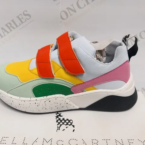 BOXED PAIR OF STELLA MCCARTNEY KIDS MULTICOLOUR TRAINERS WITH STRAPS SIZE 34