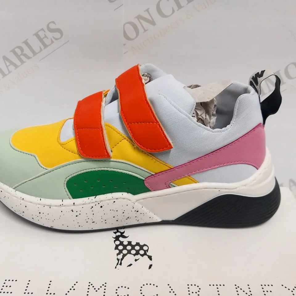 BOXED PAIR OF STELLA MCCARTNEY KIDS MULTICOLOUR TRAINERS WITH STRAPS SIZE 34