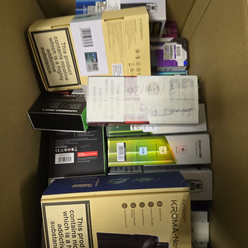 BOX OF APPROXIMATELY 18 ASSORTED E-CIGARATTES TO INCLUDE VAPORESSO, VOO POO ETC