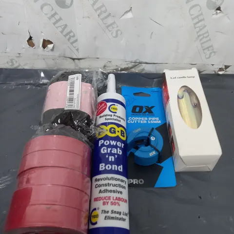 APPROXIMATELY 10 ASSORTED HOUSEHOLD ITEMS TOO INCLUDE COPPER PIPE CUTTER , ADHESIVE , LED CANDLE LAMP , ETC