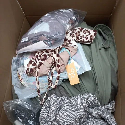 LARGE BOX OF APPROXIMATELY 25 ASSORTED CLOTHING ITEMS IN VARIOUS COLOURS, STYLES AND SIZES - COLLECTION ONLY