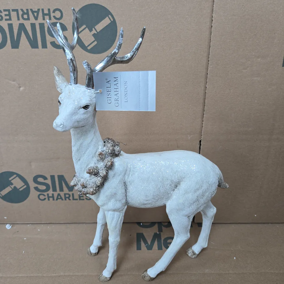 2 X GISELA GRAHAM WHITE REINDEER FIGURINES 