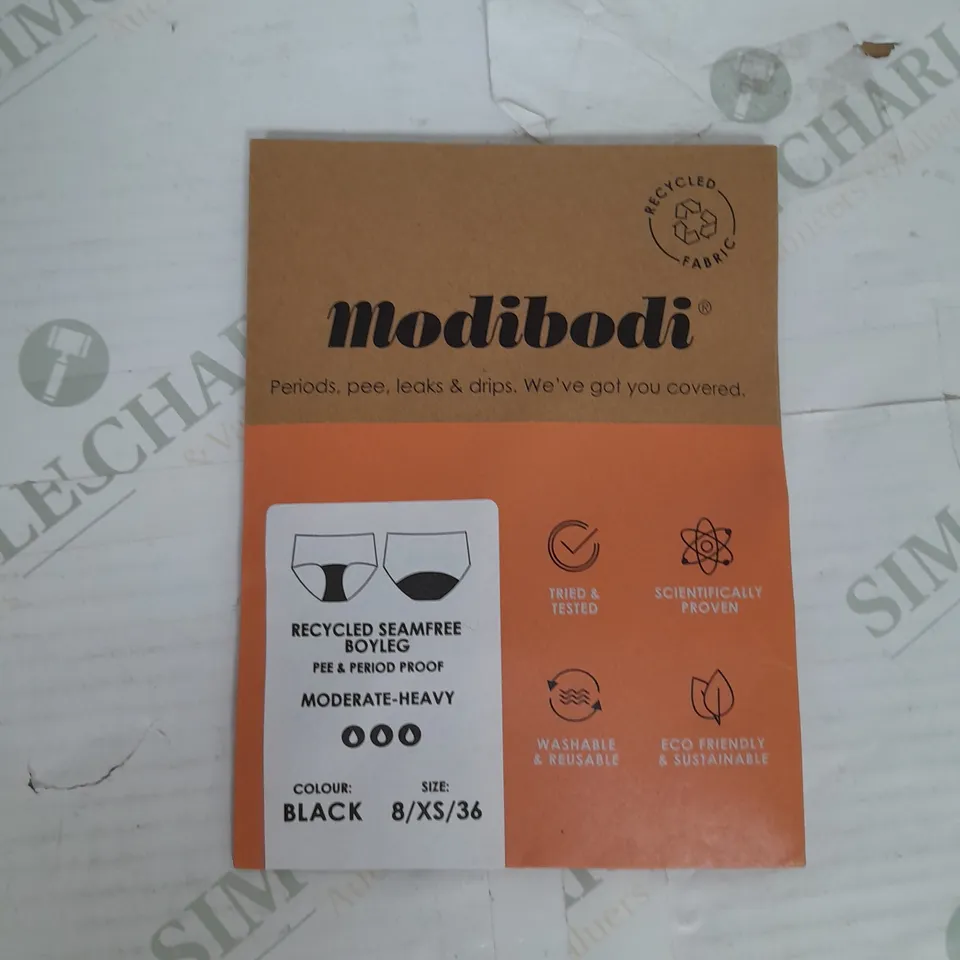 MODIBODI PERIOD UNDERWEAR RECYCLED SEAMFREE BOYLEG MODERATE-HEAVY IN BLACK SIZE 8/XS RRP £125