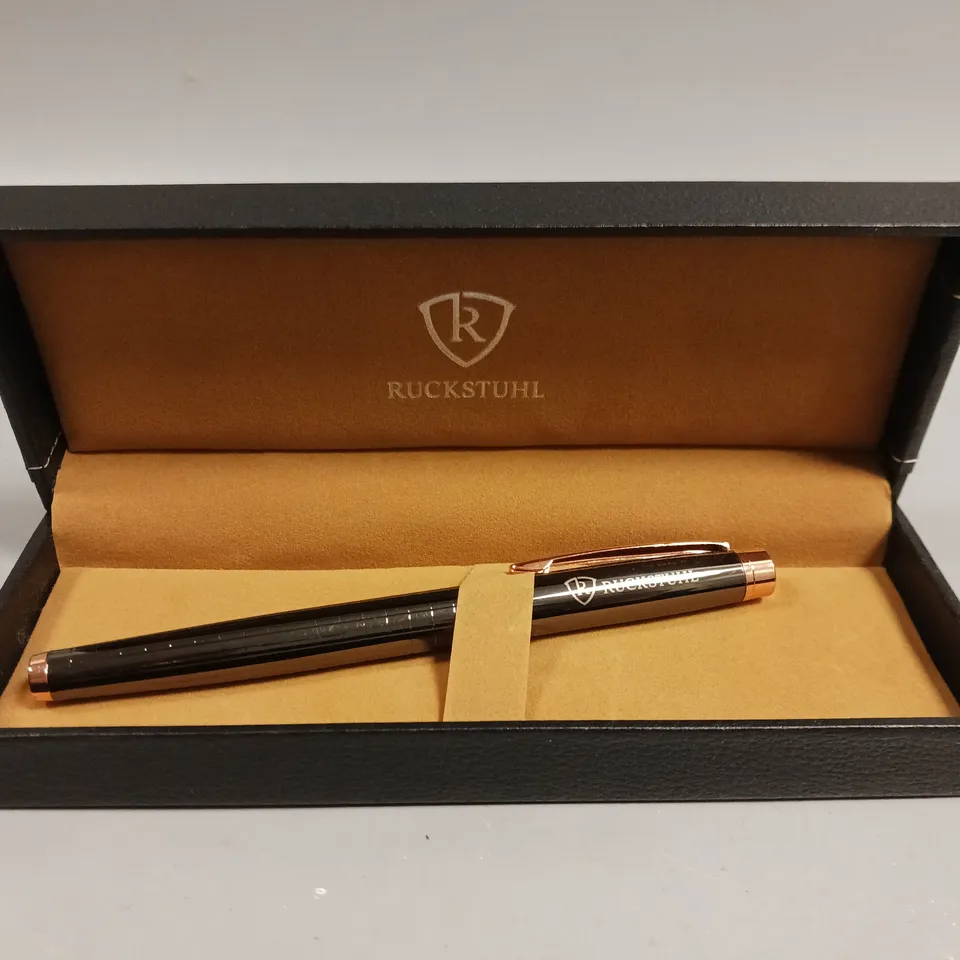 RUCKSTUHL STAINLESS STEEL LUXURY PEN IN GIFT BOX – BLACK & ROSE GOLD COLOUR CASE