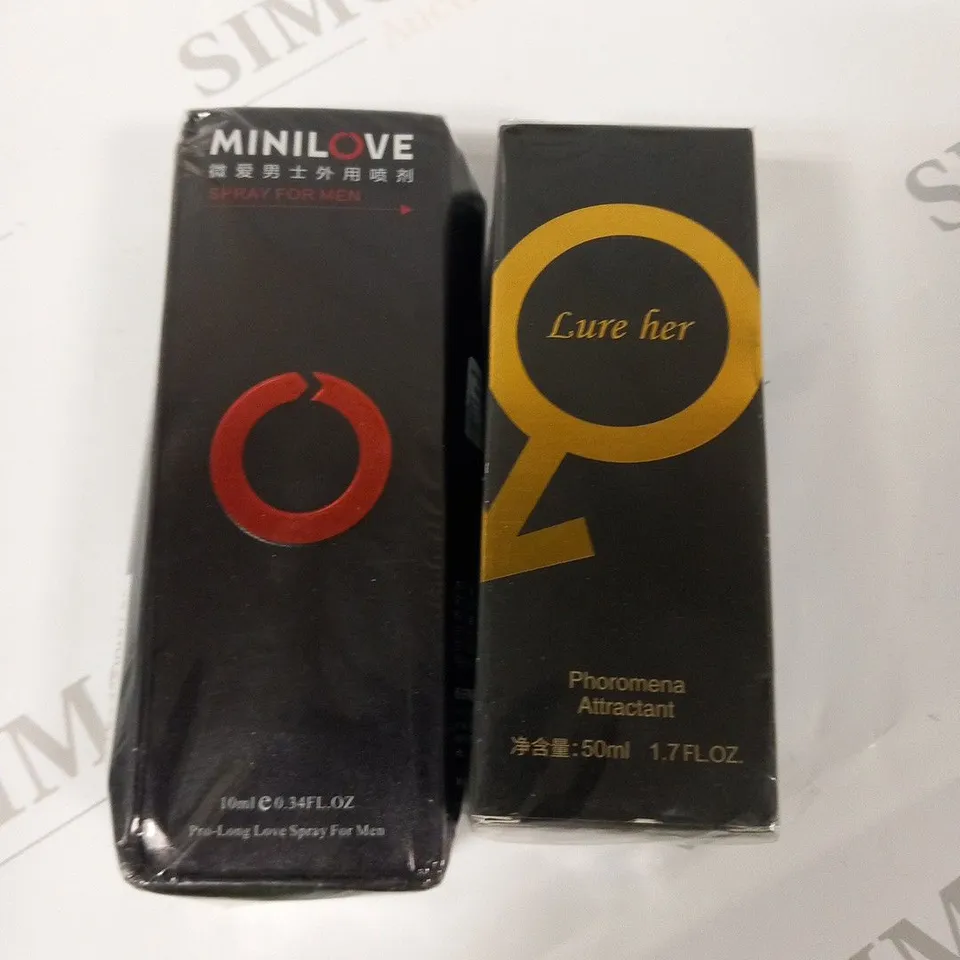 TWO ASSORTED PRODUCTS TO INCLUDE; LURE HER PHOROMENA ATTRACTANT 50ML AND MINILOVE PROLONG LOVE SPRAY FOR MEN
